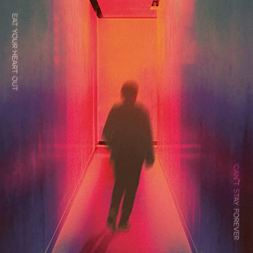 Blurry silhouette of a person walking down a brightly lit hallway with red walls.