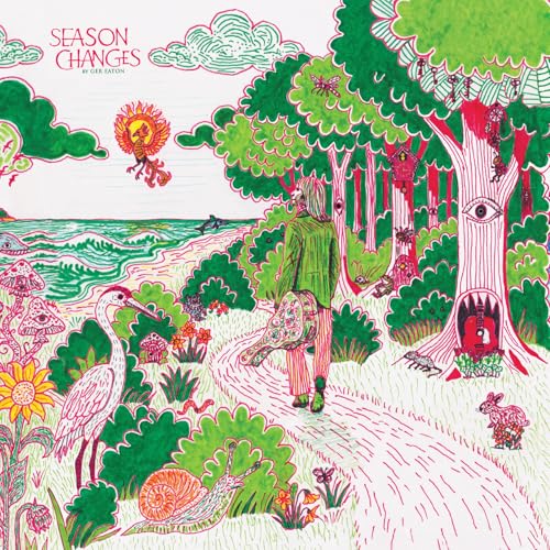 Colorful illustrated album cover with a figure walking through a whimsical landscape.