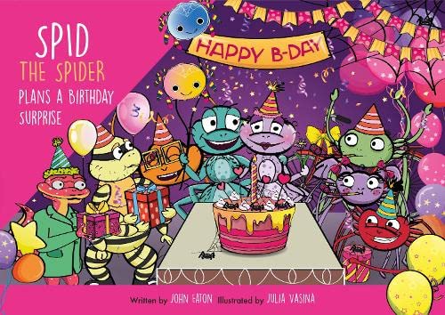 Colorful illustration of cartoon spiders celebrating a birthday with cake and gifts.