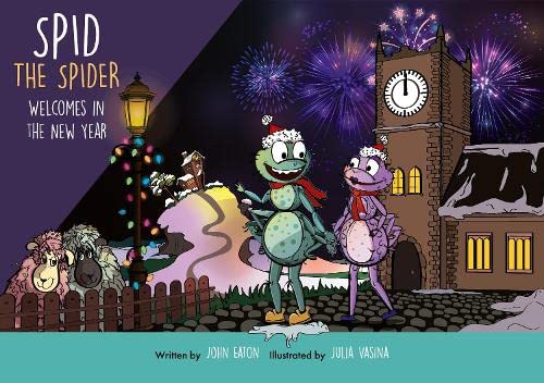 “Spid the Spider” book cover with cartoon spider, sheep, and fireworks.