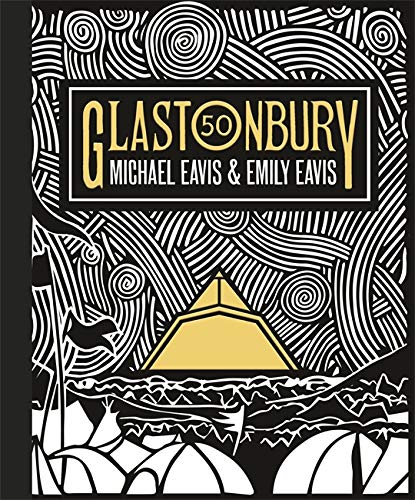 Book cover: "Glastonbury 50" with swirling black and white patterned design.