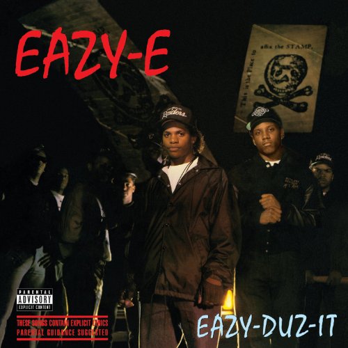 Eazy-E and others stand in front of a dark background on the album cover.