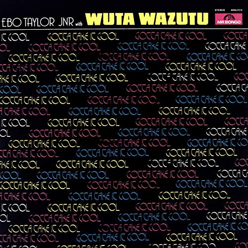 Vinyl record cover with colorful text pattern on a black background.
