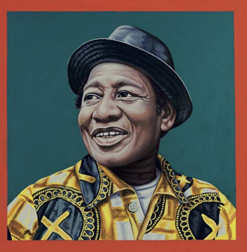 Painting of Ebo Taylor wearing a hat and patterned jacket, smiling.