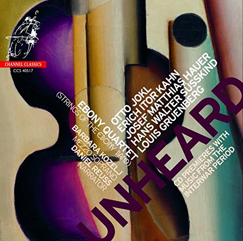 "CD cover featuring violins and text 'Ebony Quartet - Unheard' in large font."
