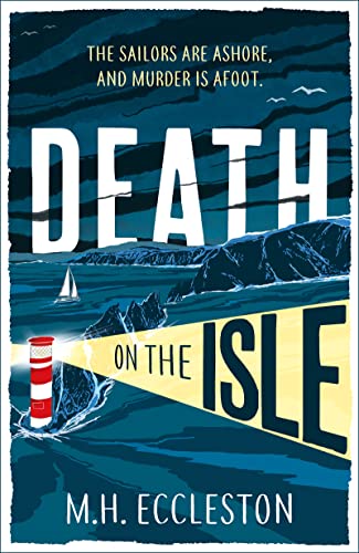 Book cover: "Death on the Isle" with lighthouse, sea, and cliffs.