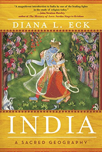 Book cover: “India: A Sacred Geography” with a painted scene of embracing figures.