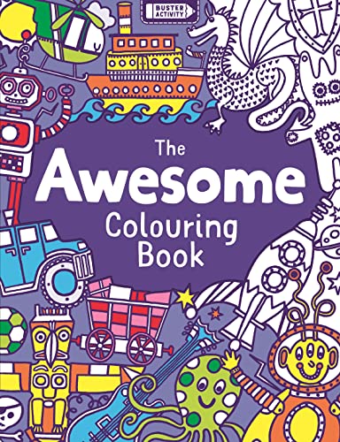 Colouring book cover with whimsical drawings of robots, dragons, and sea creatures.