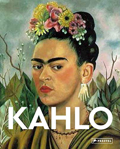 Frida Kahlo portrait with floral headdress, book cover titled "Kahlo".
