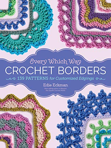 Crochet book cover displaying colorful, patterned borders and edgings.