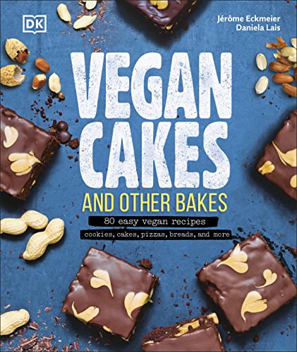 Cookbook cover featuring vegan cakes, cookies, and nuts on a dark background.