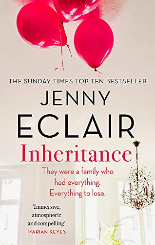 Book cover: "Inheritance" by Jenny Eclair, with red balloons and a chandelier.