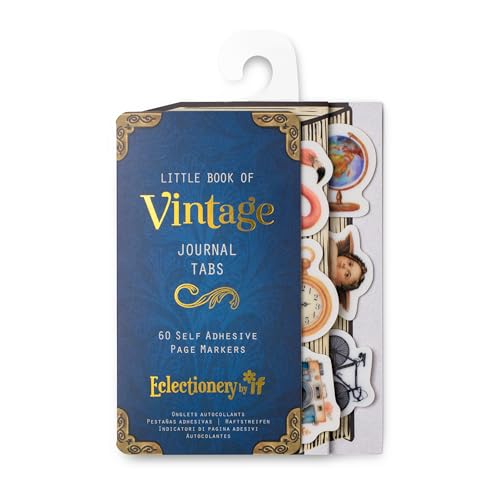 Vintage-style journal tabs in blue packaging with illustrated sticker previews.