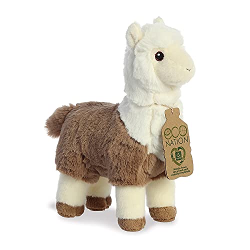 Stuffed alpaca toy with brown and white fur and a tag.