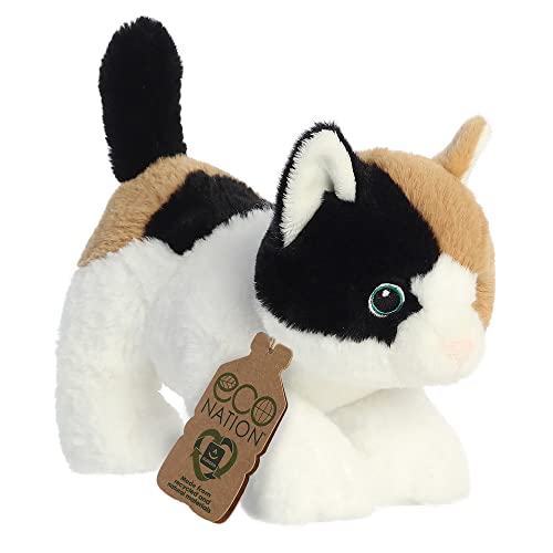 Black, white, and tan calico plush cat with a cardboard tag.