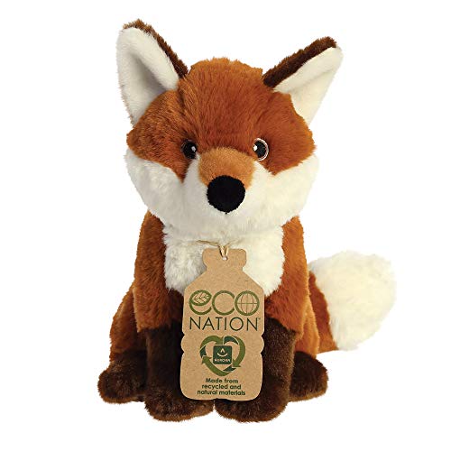 Brown and white plush fox with a tag reading "Eco Nation".