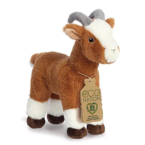 Brown and white plush goat toy with curved gray horns and tag.