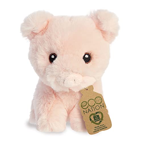 Pale pink plush piglet with brown eyes and an Eco Nation tag.