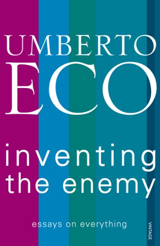 Book cover for Inventing the Enemy by Umberto Eco against a blue striped background.