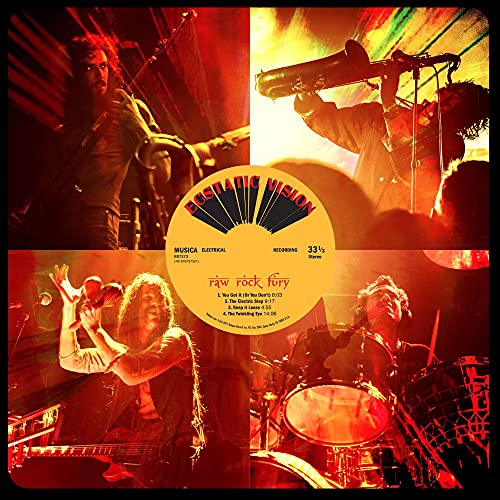 Vinyl record cover featuring four performance photos of a rock band.