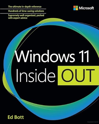 Book cover for "Windows 11 Inside Out" with a swirling blue and green design.