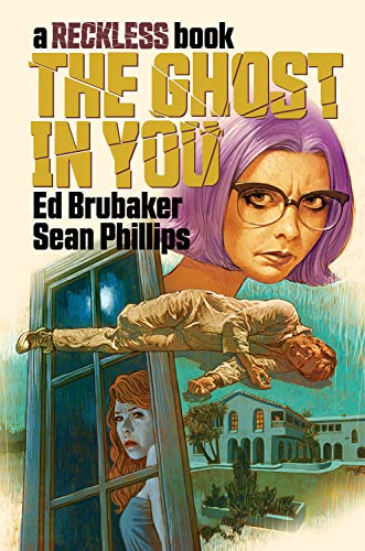 Book cover featuring a woman in glasses, a ghostly figure, and a house.