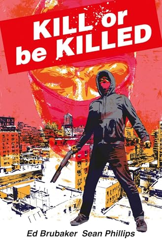 Comic book cover: hooded figure with gun, city skyline, red and black tones.