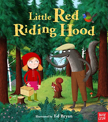 Little Red Riding Hood and the wolf in a lush, illustrated forest.