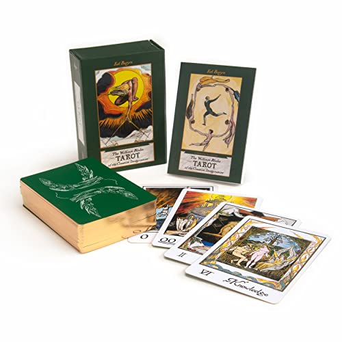 Green boxed tarot deck with illustrated cards featuring figures and gold edges.