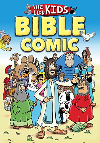 Cartoon cover of The Lion Kids Bible Comic featuring Jesus surrounded by biblical characters.