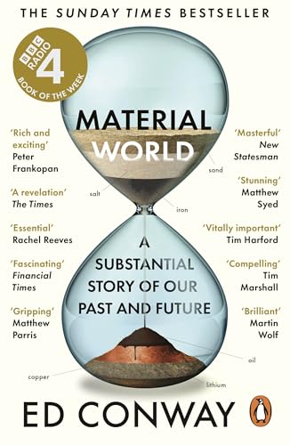 Book cover: "Material World" with an hourglass filled with earth elements.