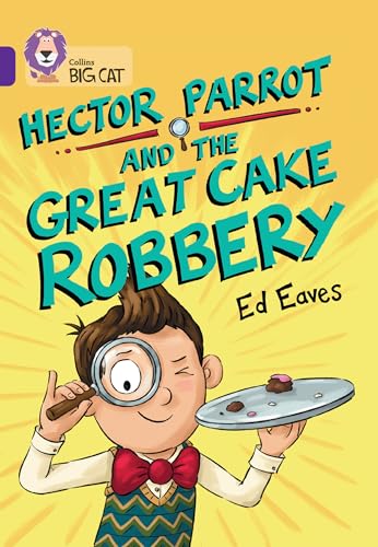 Book cover: boy with magnifying glass, missing cake, colorful lettering.