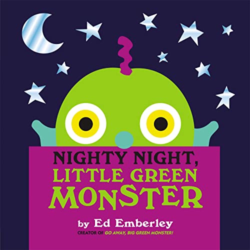Green monster face with large eyes against a dark starry night sky.