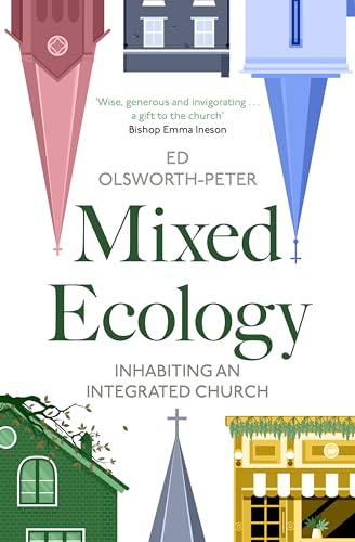 Book cover: "Mixed Ecology" with illustrated church rooftops and green foliage.