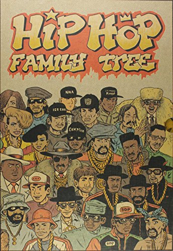 “Hip Hop Family Tree” book cover with illustrated portraits of rappers.