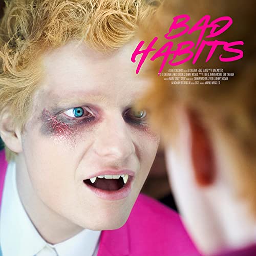 Ed Sheeran's album cover featuring a man with blond hair, fangs, and bruised eyes.