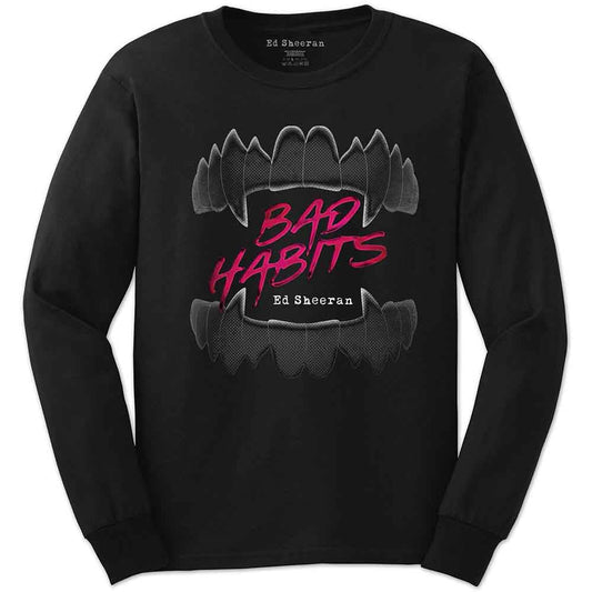 Black long-sleeved Ed Sheeran t-shirt with “Bad Habits” vampire logo.