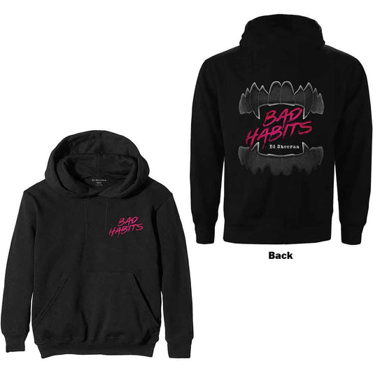 Black pullover hoodie with pink Bad Habits text on the front chest.
