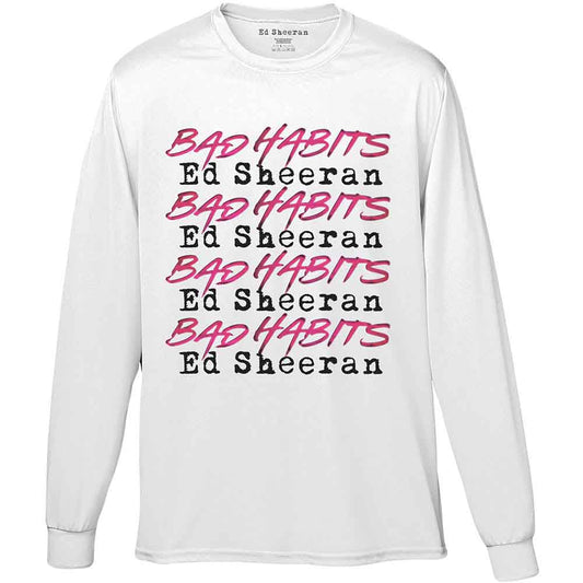 White long-sleeved t-shirt with repeating “Bad Habits” and Ed Sheeran logo.
