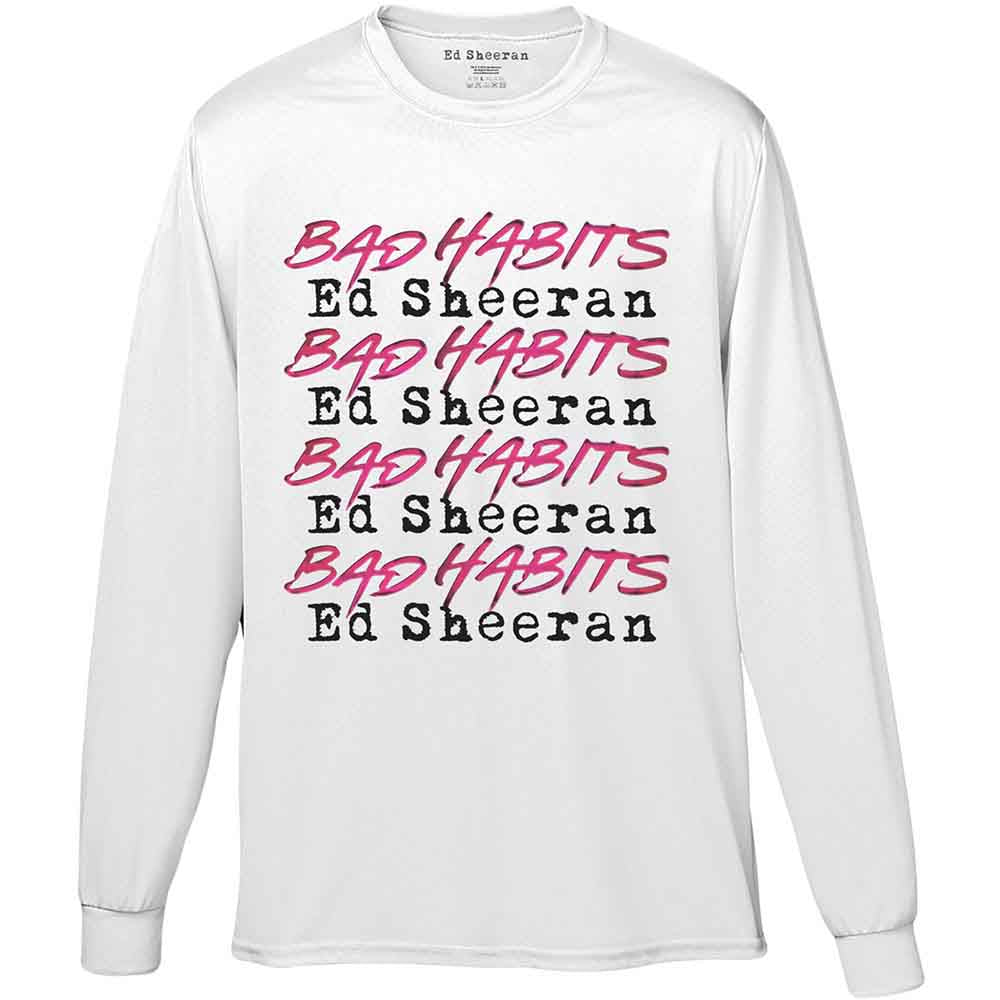White long-sleeved t-shirt with repeating “Bad Habits” and Ed Sheeran logo.