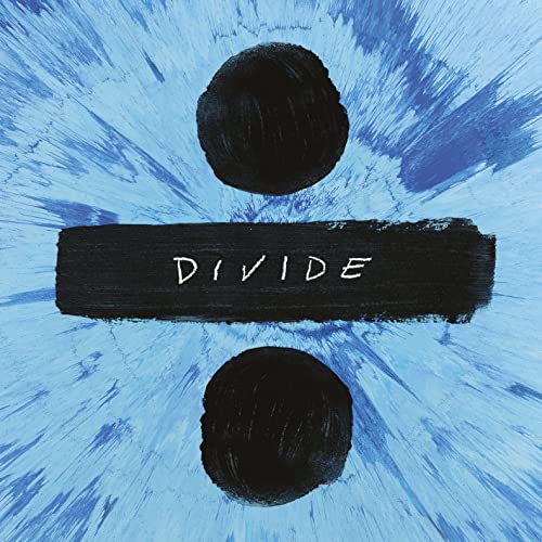 Ed Sheeran's "Divide" album cover: blue brushstrokes with black shapes and text.