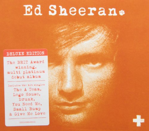 Ed Sheeran's orange album cover featuring his face and a white plus sign.