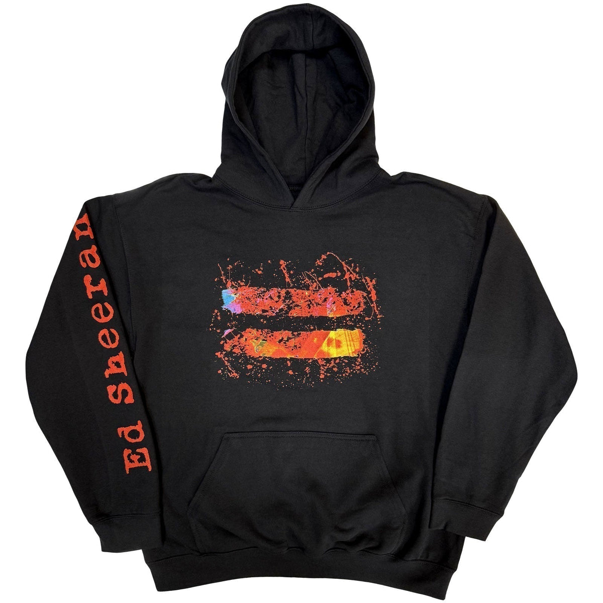 Black hoodie with colorful equals sign and "Ed Sheeran" sleeve print.