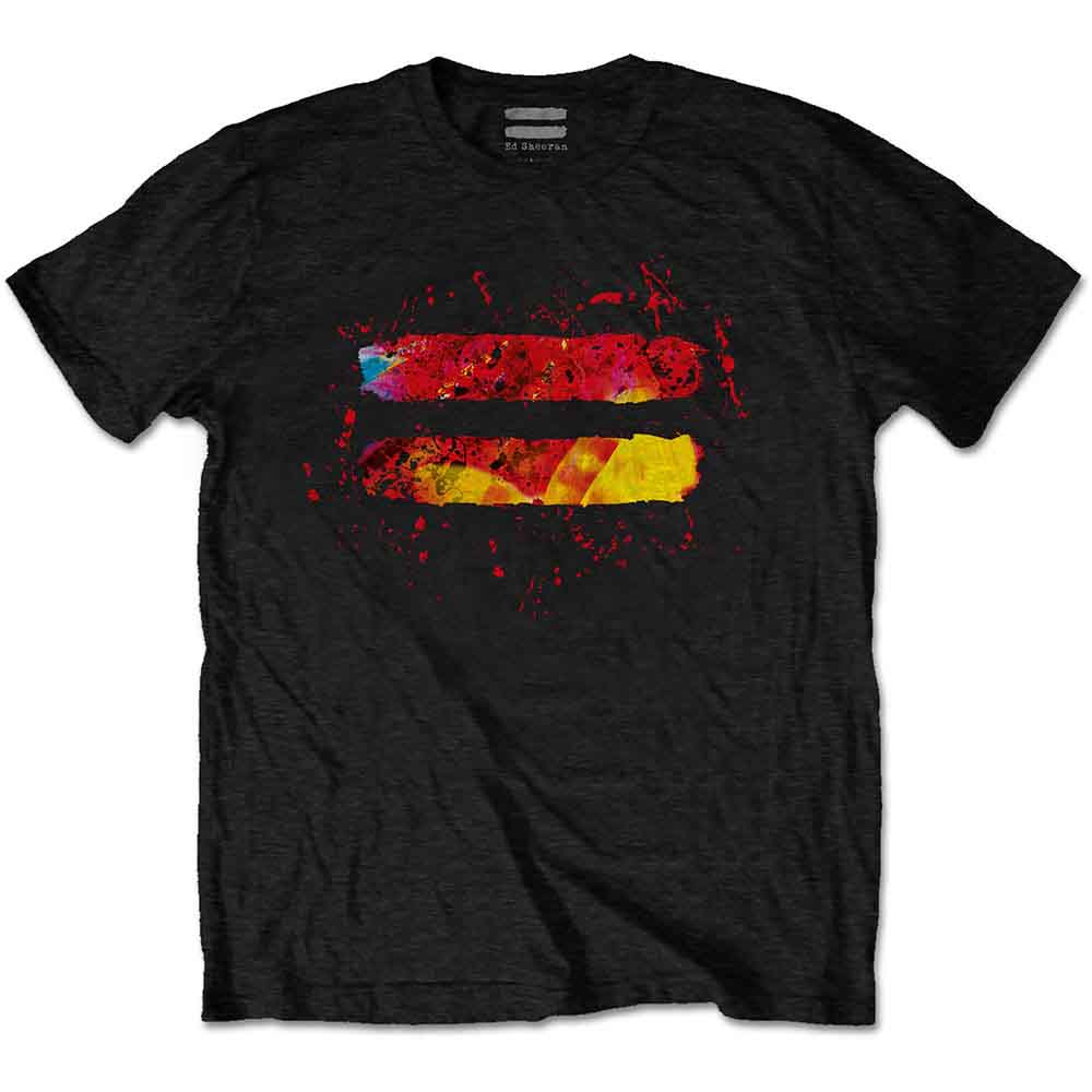 White t-shirt with colorful, paint-splattered equals sign logo.