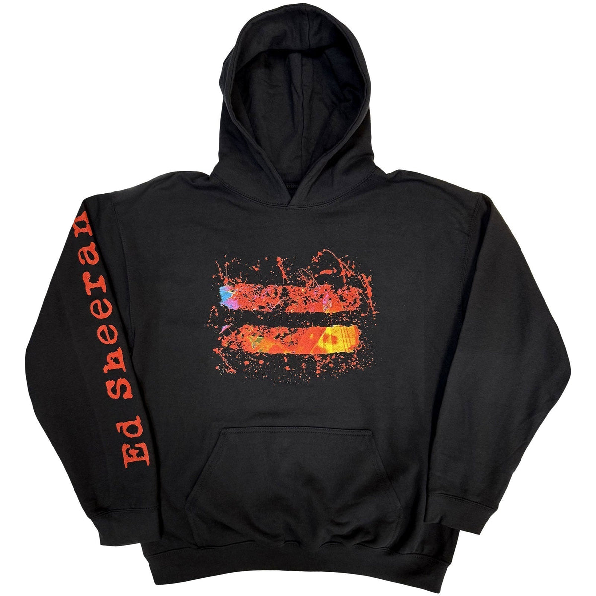 Black hoodie with colorful equals sign and "Ed Sheeran" sleeve print.