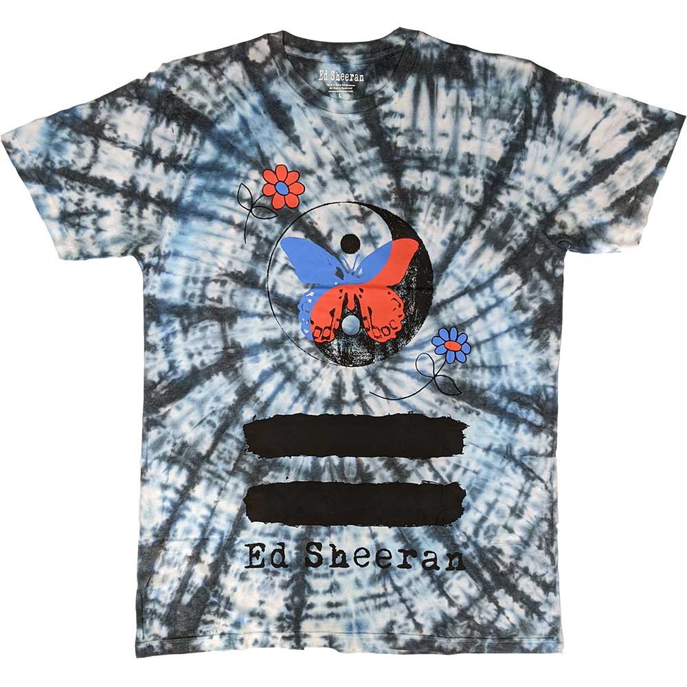 Tie-dye t-shirt with yin & yang butterfly and "Ed Sheeran" text.