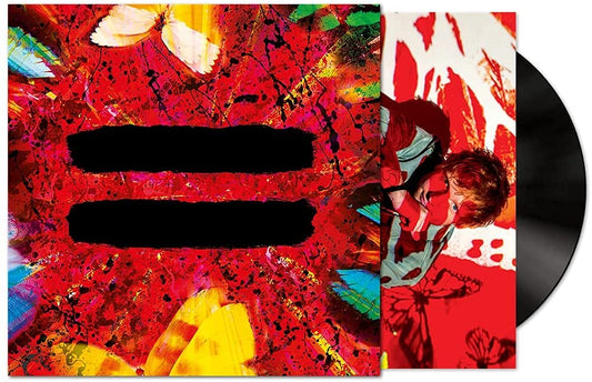 Ed Sheeran's "=" album cover with a black vinyl record beside it.