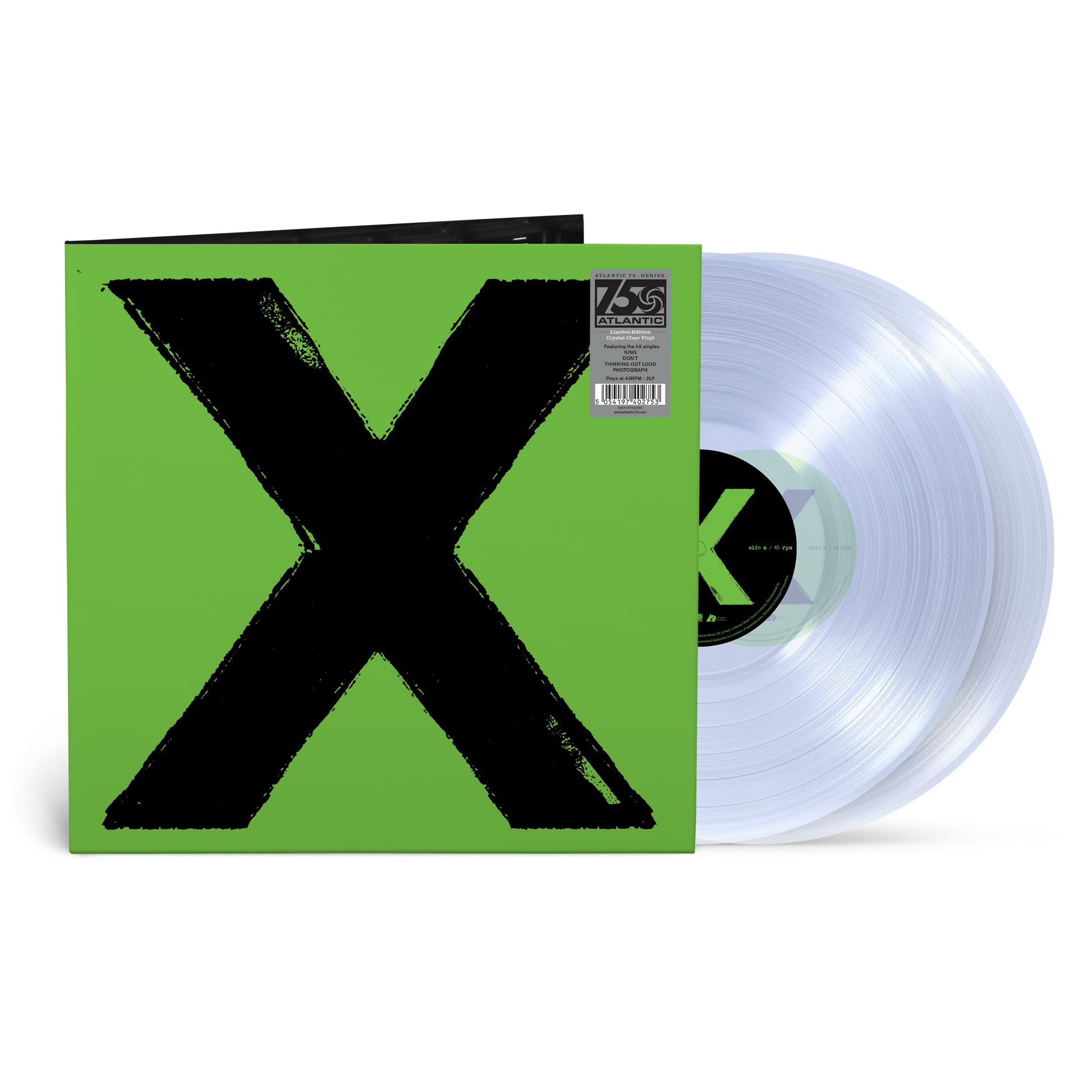 Ed Sheeran X album cover with green background and two clear vinyl records.