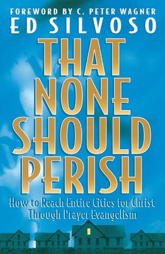 Book cover with gold text reading “That None Should Perish” over a city skyline.