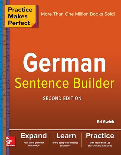 Orange book cover with "German Sentence Builder" title and German text sample.